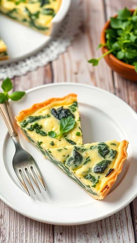 Spinach and Cottage Cheese Crustless Quiche Recipe A slice of crustless spinach and cottage cheese quiche on a plate, garnished with herbs, on a rustic table.